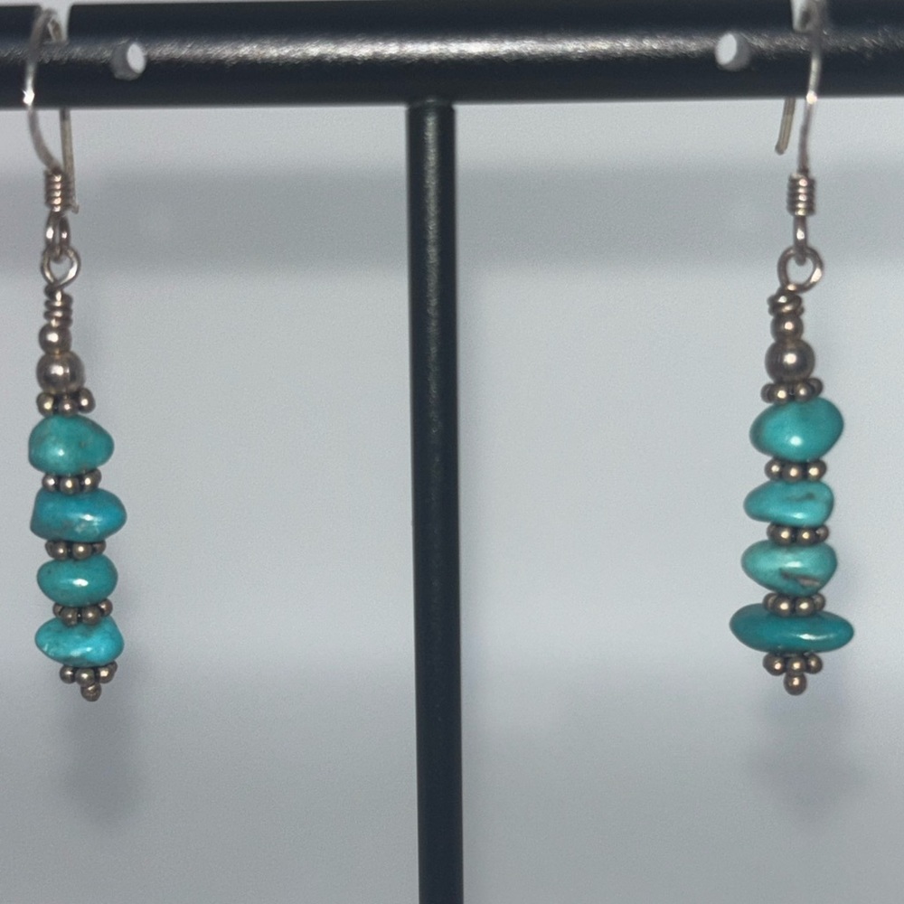 Turquoise Nuggets & Silver Beaded Dangle Earrings